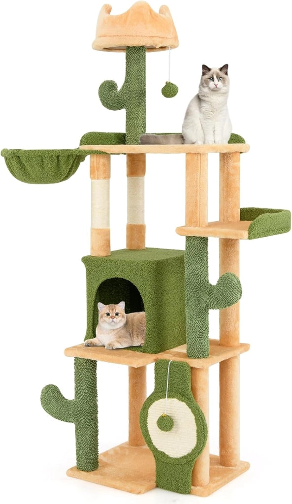 Tiragraffi 160cm, Albero per Gatti con Pali per Graffi in Sisal, Posti a Sedere Imbottiti, Giochi Appesi e Cuccia, Torre per Animali Domestici da Interno a Forma di Cactus, Verde