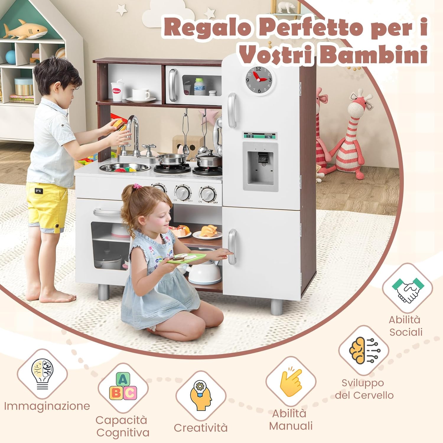 Cucina Giocattolo per Bambini, Cucina Legno per Bambini con Forno, Microonde, Frigorifero, Macchina del Ghiaccio, Lavello e Rubinetto, Funzione Luci e Suoni, per Bambini 3 Anni+