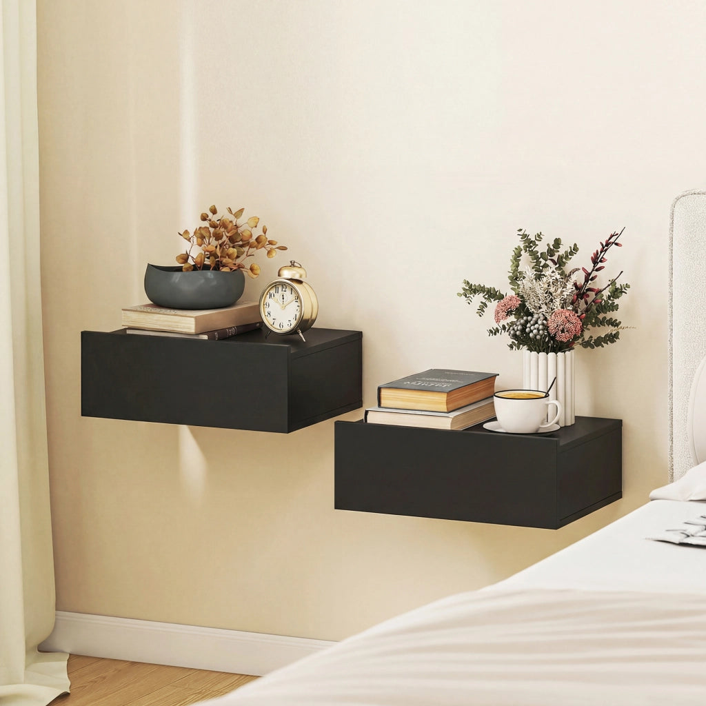Comodini Sospesi Moderni con Cassetto ¨C zephmum ¨C Legno, Nero, 40x30x15cm