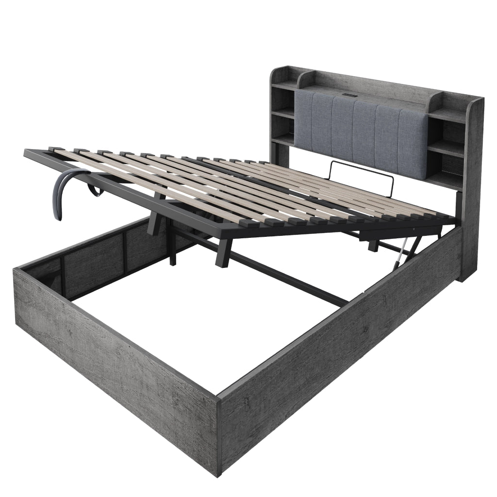 Letto contenitore matrimoniale 180×200 cm con USB Type-C; testiera con ripiani; senza materasso; grigio