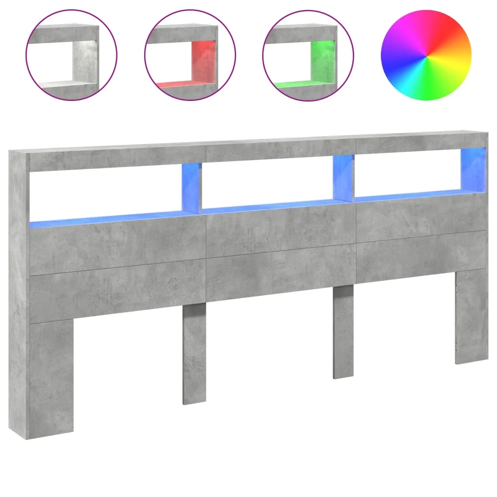 Testiera con Contenitore a LED-Testiera con Ripiani Grigio Cemento 220x17x102 cm