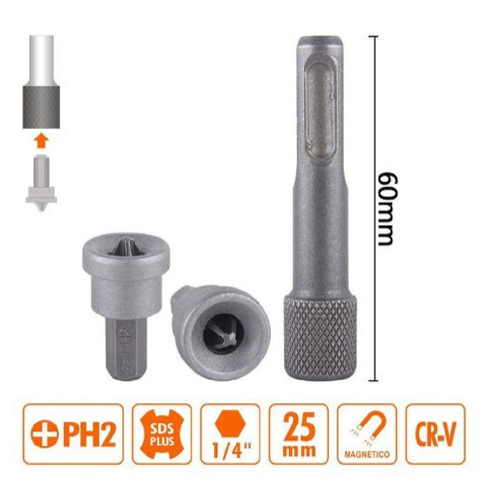 Trade Shop - Kit Di Bits Inserti Per Avvitatore 2pz Da 25mm Ph2 + 1pz Da 60mm Magnetico 57254 -