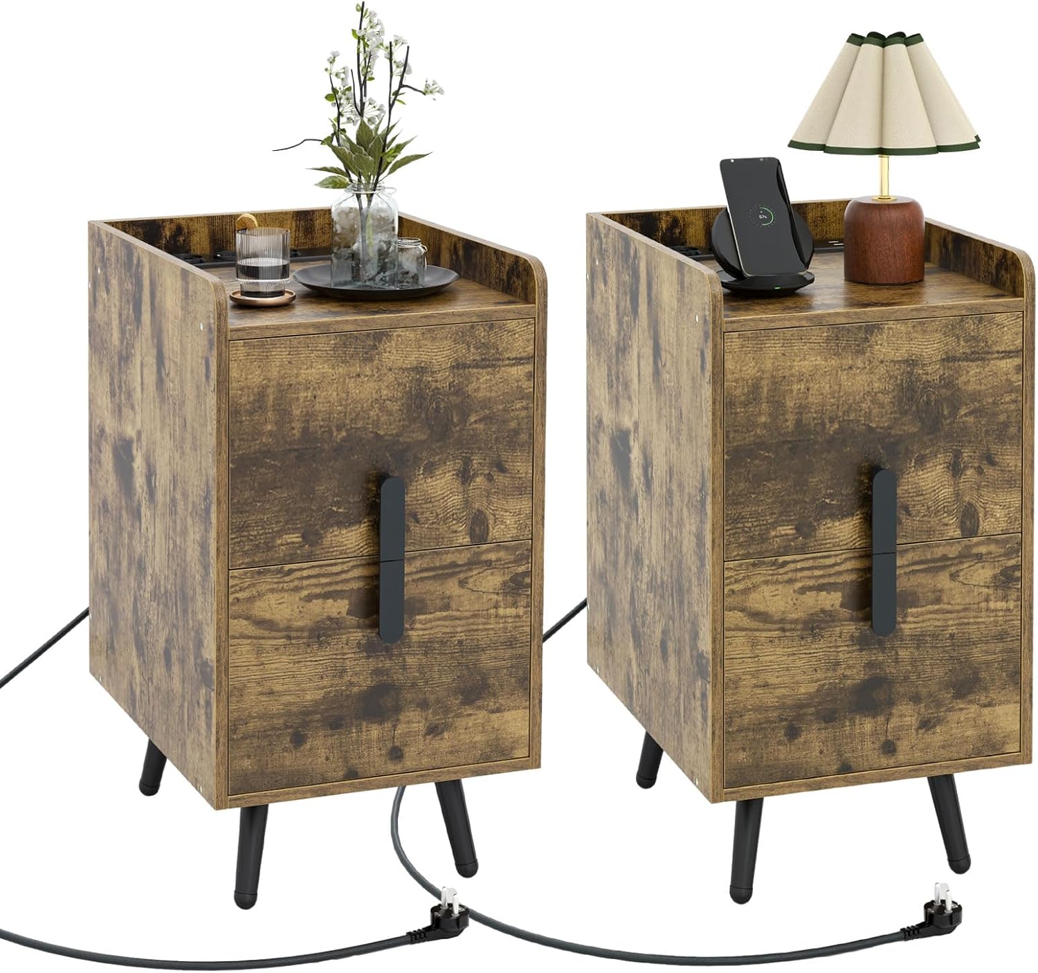 Comodino con Stazione di Ricarica, Comodino con 2 Cassetti, 2 Porte USB e 3 Prese, Tavolino Leterale con Gambe in Metallo, Portata Tolate 20 kg, 32 x 40 x 60 cm (2, Caffè)