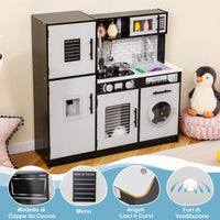 Cucina Giocattolo per Bambini, Cucina Legno per Bambini con Forno, Microonde, Lavatrice, Telefono, Lavello Rimovibile e Rubinetto Rotante, con Luci e Suoni, per Bambini di 3+ Anni (Nero)