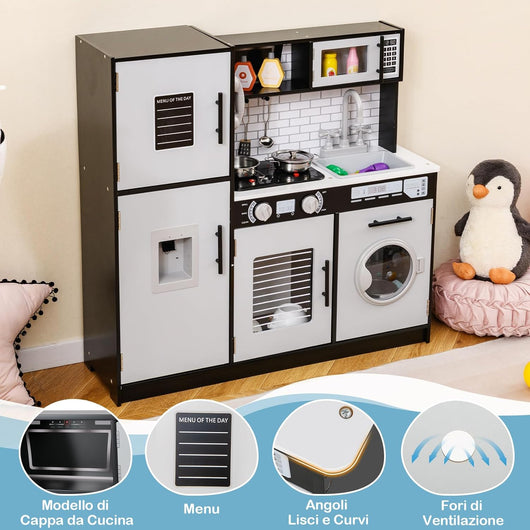 Cucina Giocattolo per Bambini, Cucina Legno per Bambini con Forno, Microonde, Lavatrice, Telefono, Lavello Rimovibile e Rubinetto Rotante, con Luci e Suoni, per Bambini di 3+ Anni (Nero)