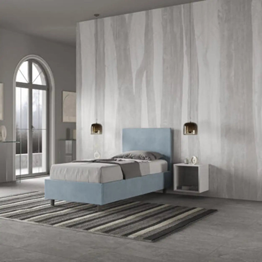 Letto singolo senza rete imbottito 80x190 microfibra azzurro Adele