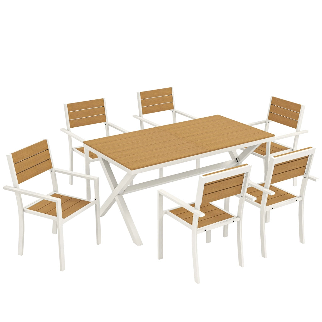 Set 7 Pezzi Pranzo per Esterno Tavolo con 6 Sedie Impilabili Telaio in Alluminio Teak