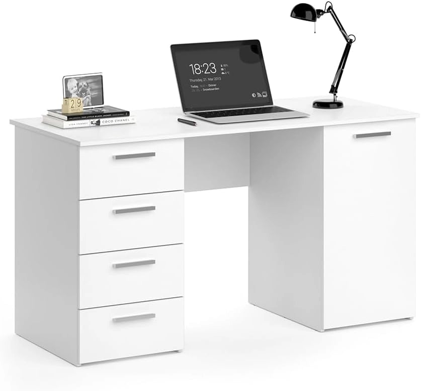 Scrivania Nico, Bianco, 137 x 60 cm, adatto come postazione di lavoro e combinabile con sistemi di scaffalature