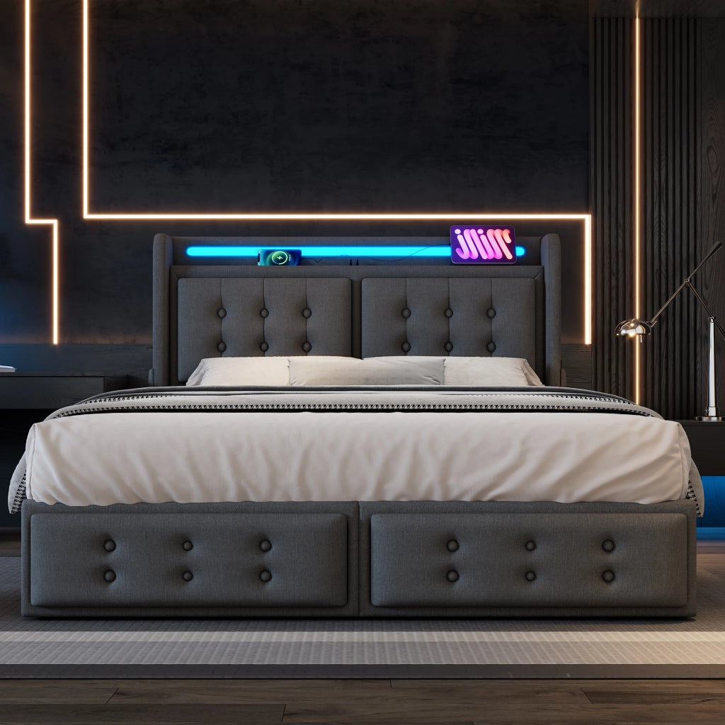 Letto imbottito 180x200 cm con LED; ricarica e 4 cassetti in cotone lino grigio