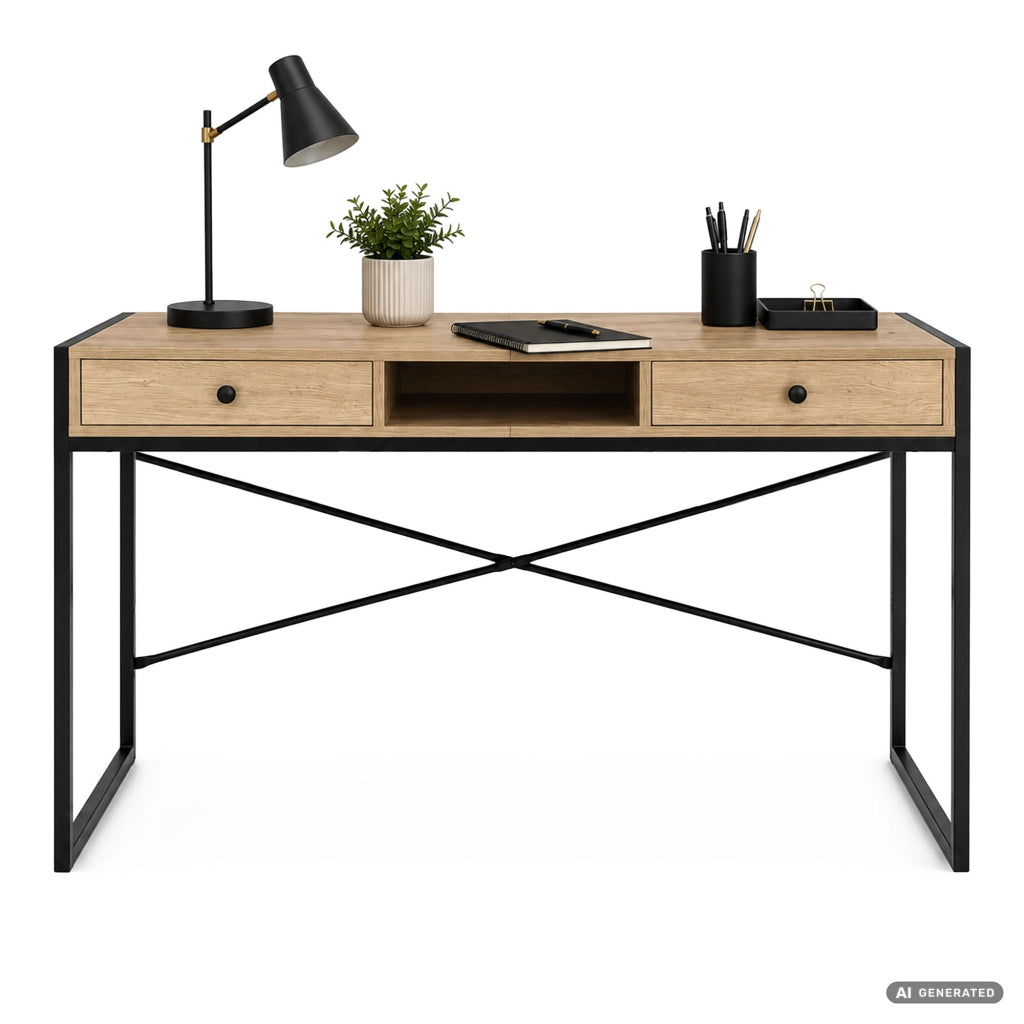 Scrivania industriale per computer Rovere Artisan ELONIS 123 cm 2 cassetti 1 ripiano gambe nere