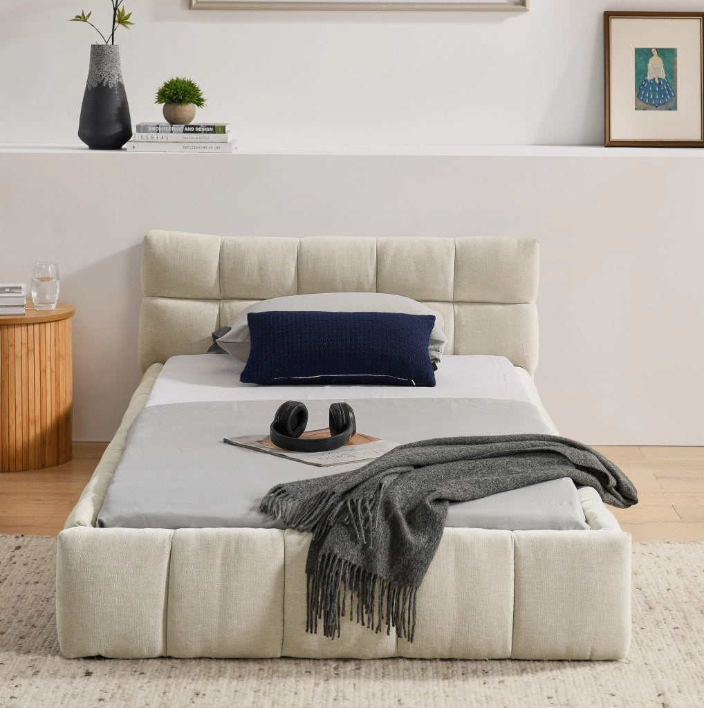Letto imbottito 90x200 cm con cuciture quadrate in ciniglia beige