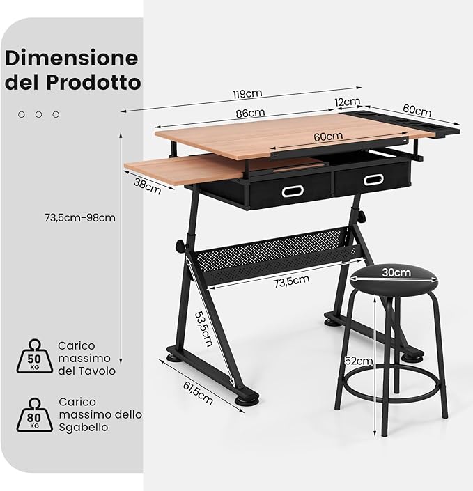 Tavolo da Disegno Scrivania per Arte con Cassetti e Sgabello, Regolabile in Altezza ed inclinabile (naturale)