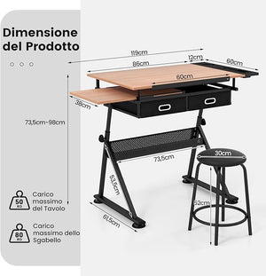 Tavolo da Disegno Scrivania per Arte con Cassetti e Sgabello, Regolabile in Altezza ed inclinabile (naturale)