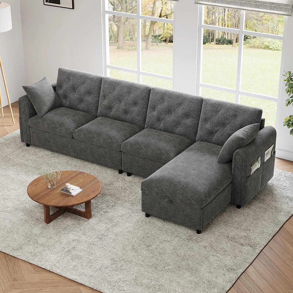 Divano moderno in velluto - Xylo - Angolare con ripostiglio, grigio (281cm)