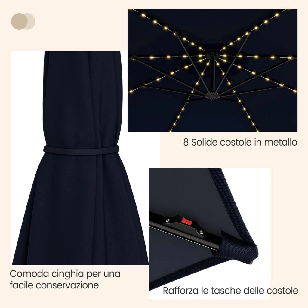 Ombrellone da Giardino ∅303 cm Decentrato, con 112 Luci LED ad Energia Solare, con Manovella, Inclinazione Regolabile, 8 Stecche, Ombrellone da Esterno per Giardino Piscina Cortile (Marino)