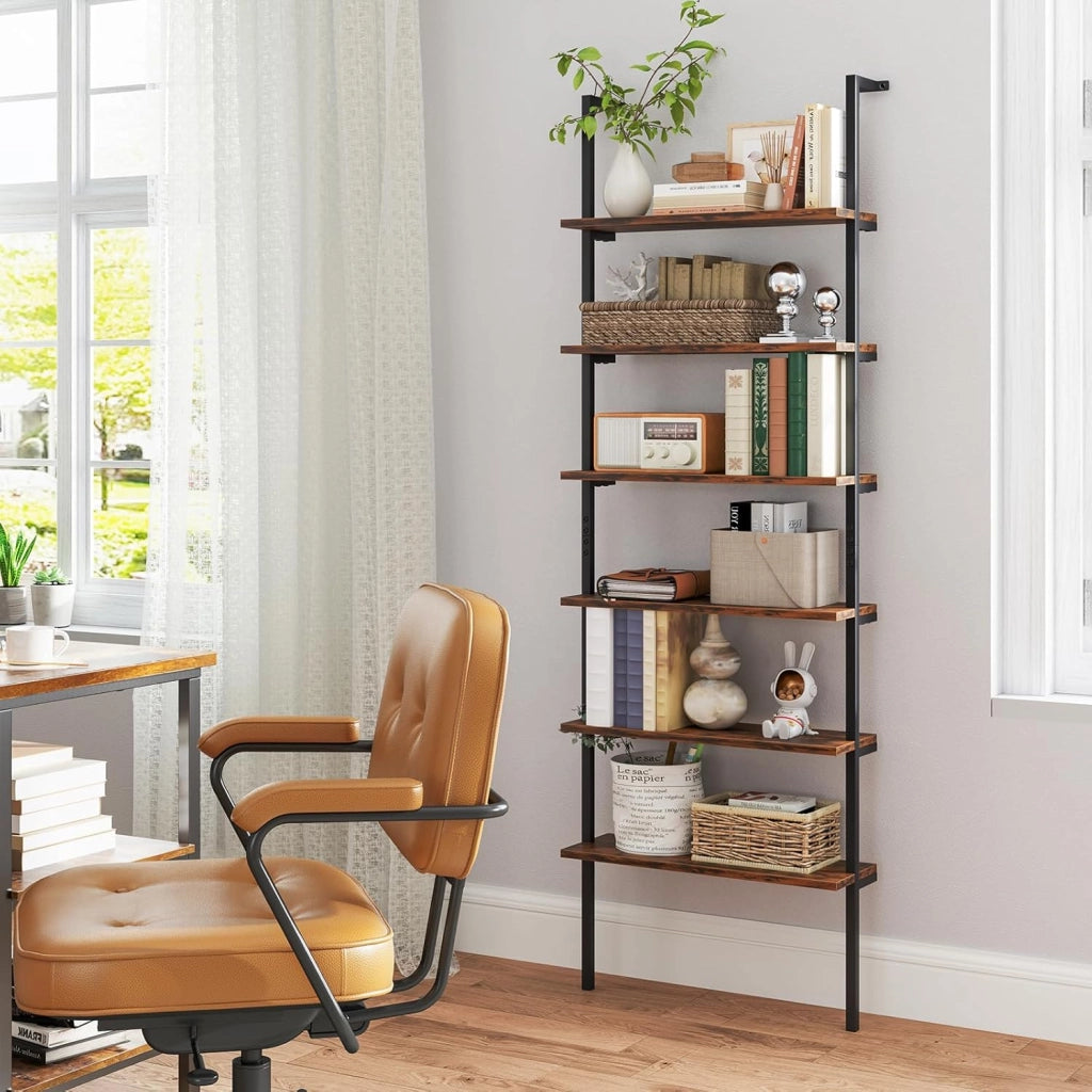 Libreria a 6 ripiani, 60 x 20 x 183 cm, scaffale industriale con telaio in metallo, scaffale espositivo per home office e soggiorno (marrone)