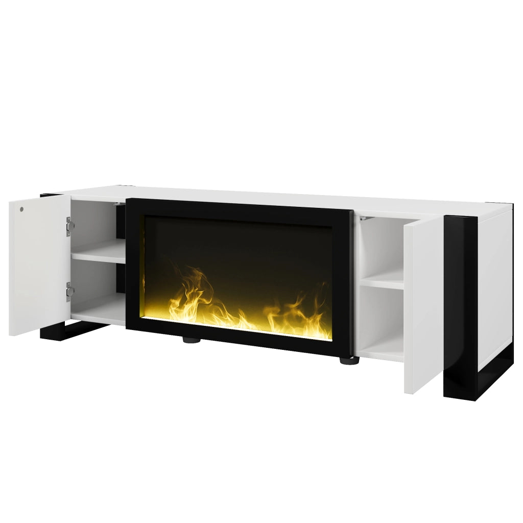 Mobile TV 165x55x32 cm; camino elettrico decorativo; pannello truciolare; bianco e nero