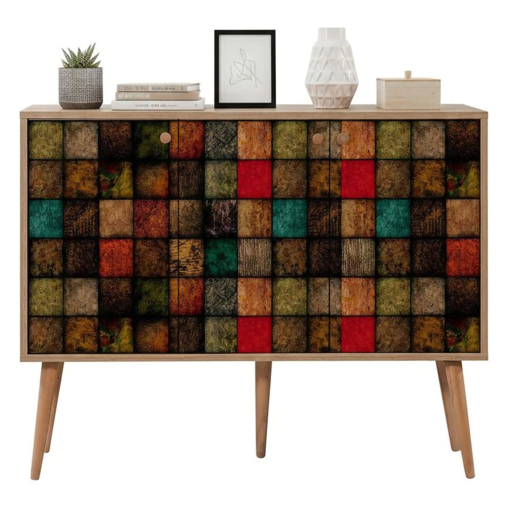Credenza Arzumia, Buffet da soggiorno, Madia da salotto, Dispensa da cucina, 120x36h90 cm, Quercia e Multicolore