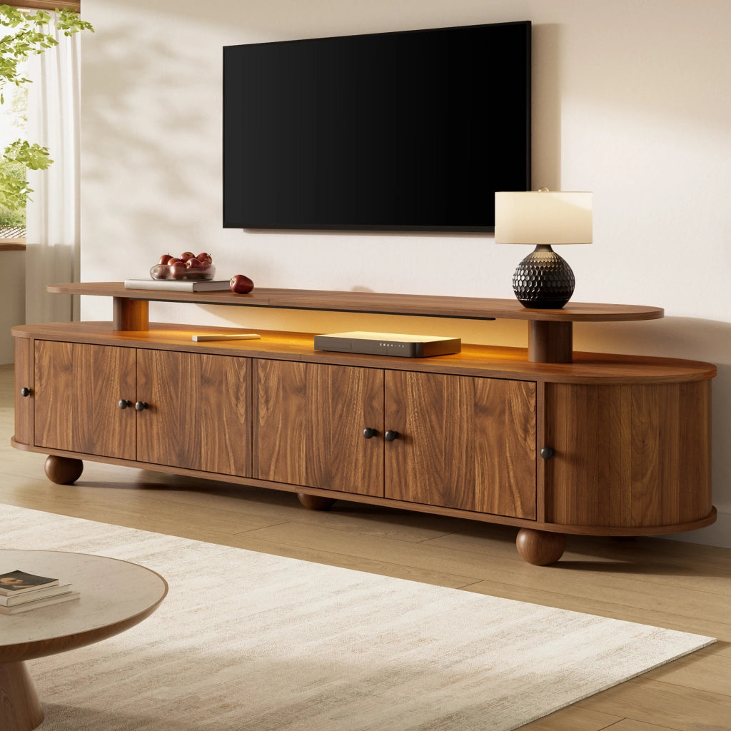 Mobile porta TV ovale con 4 ante centrali e 2 ante scorrevoli laterali con LED per soggiorno in MDF noce 180 × 40 × 48 cm