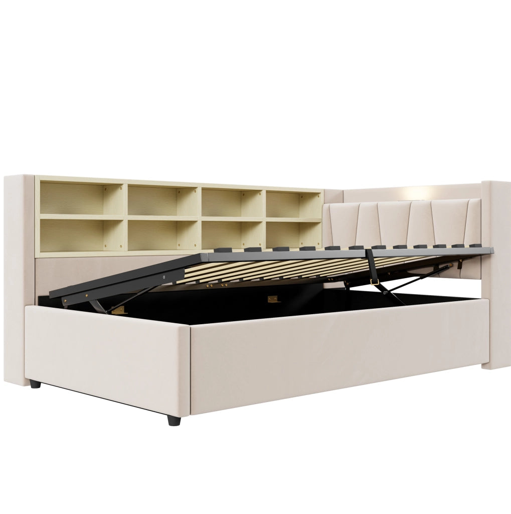 Letto imbottito 90x200 cm con contenitore idraulico e USB-C in velluto beige