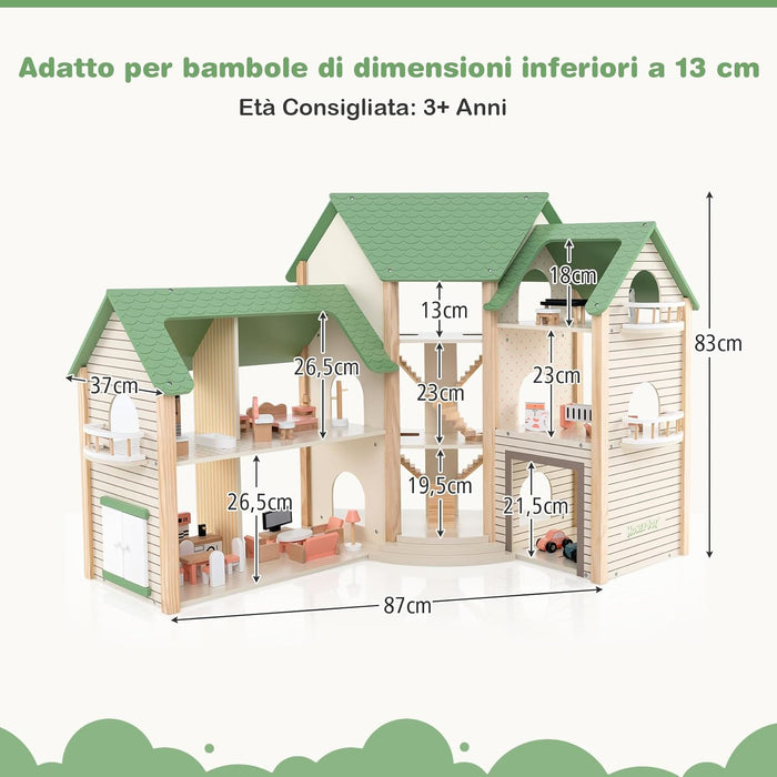 Casa delle Bambole ad Angolo in Legno, Casa delle Bambole a 3 Piani con 36 Mobili e Accessori, 6 Stanze, Balconi e Garage, per bambini 3 Anni+, 87 x 37 x 83 cm