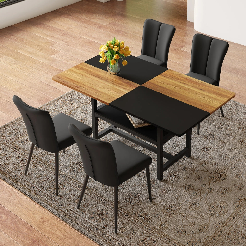 Tavolo da pranzo rettangolare con vano portaoggetti e 4 sedie in pu nere, per soggiorno sala da pranzo cucina, marrone nero, 160 cm