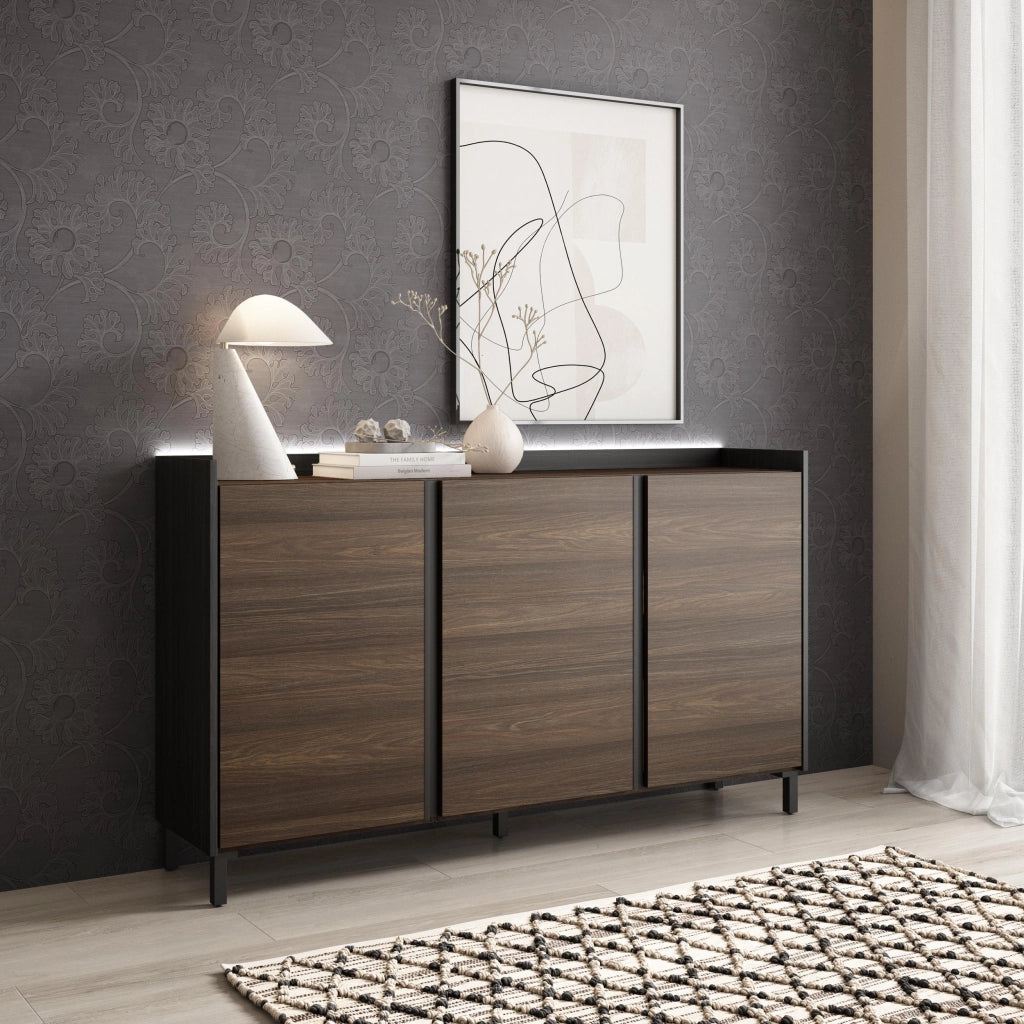 Credenza, Mobile, Cucina, 156x91x35 cm, 3 Porte, Design industriale, LED, Rovere scuro e Nero