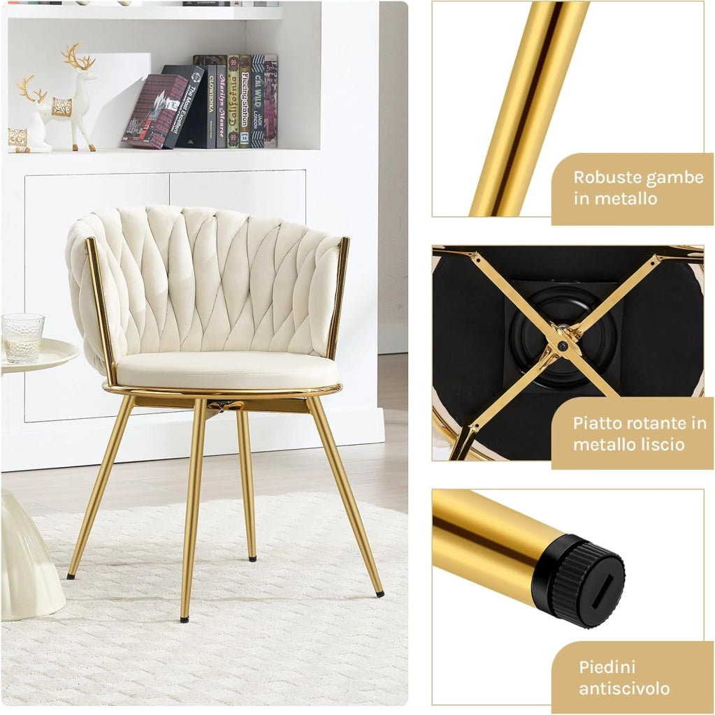 Sedie da Pranzo Girevoli Set di 6, Sedie da Cucina Ergonomiche Imbottite con Gambe in Metallo, Seduta in Velluto per Cucina, Soggiorno, Balcone, Beige, EZS84be-6