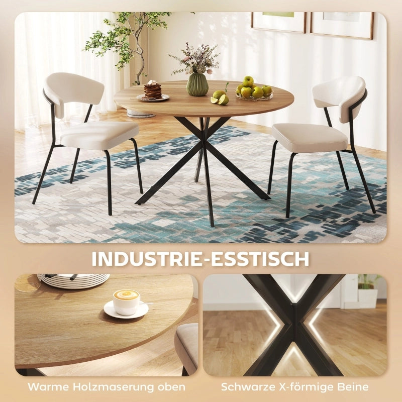 Tavolo da pranzo rotondo per 4 persone con base in acciaio a X e piano in legno, stile industriale, rovere, Ø120 cm