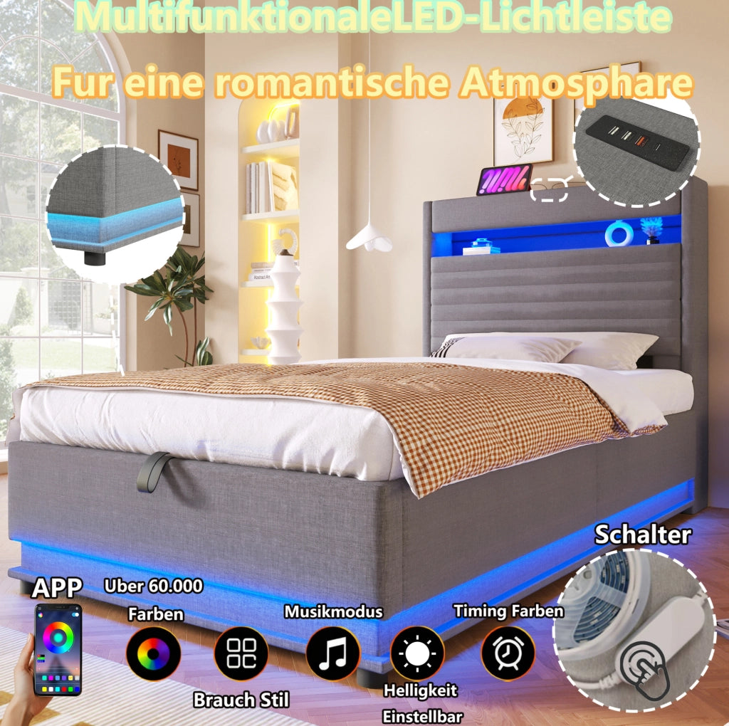 Letto imbottito 140x200 cm con LED, USB-C e vano contenitore