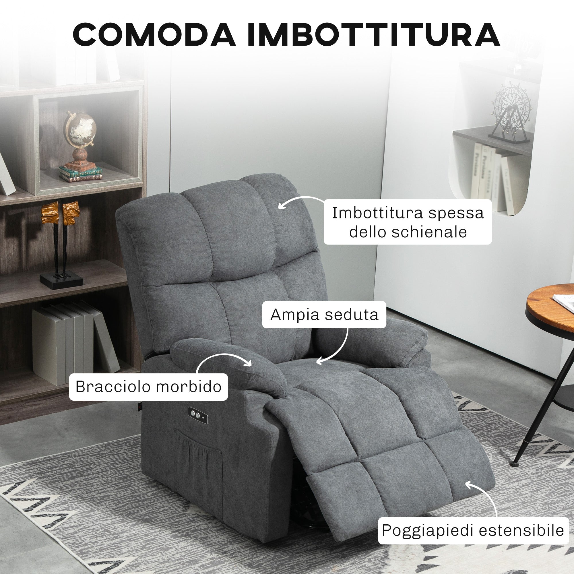 Poltrona Alzapersona con Telecomando e Poggiapiedi 84x96x100 cm Grigio Scuro