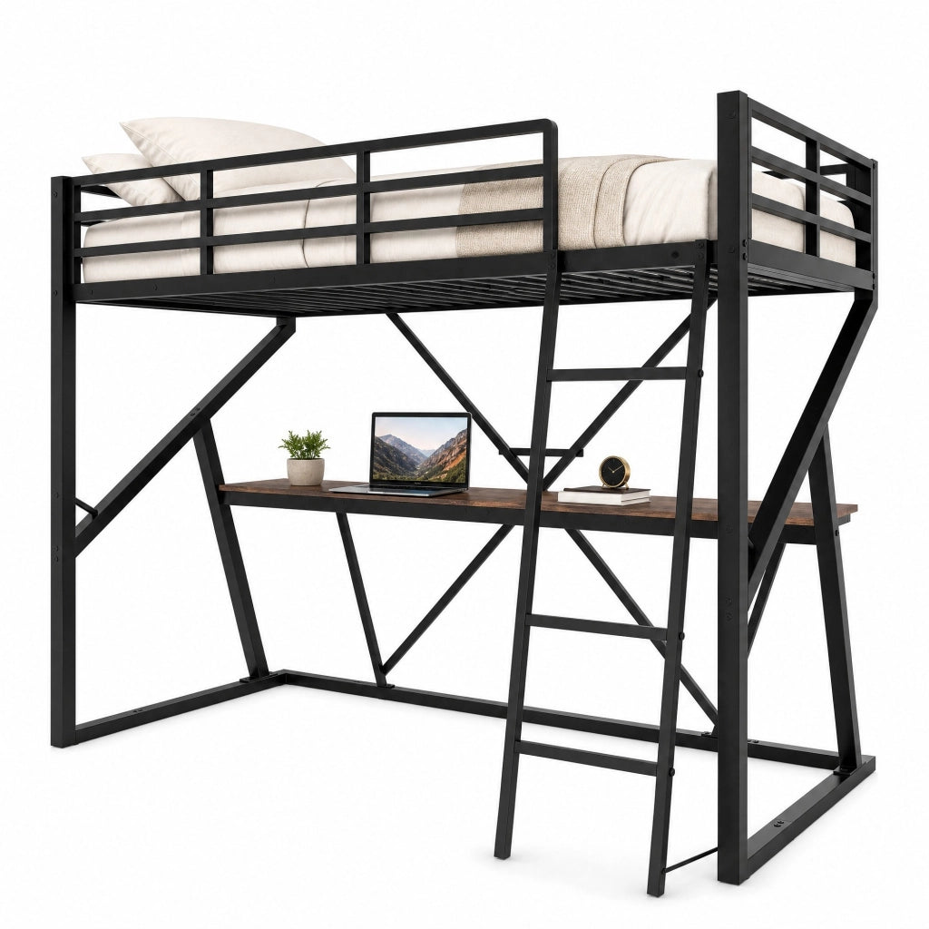 Letto a soppalco per bambini 90x200 cm in metallo e MDF; nero; con LED; scrivania e scala