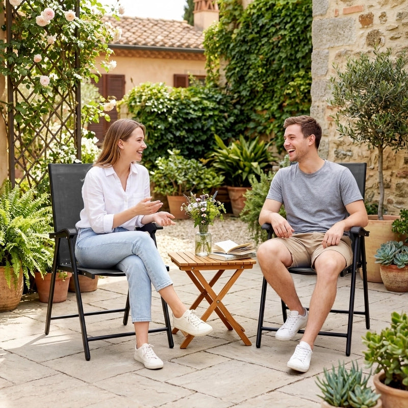 Set 2 sedie pieghevoli da giardino con schienale alto, braccioli, struttura in acciaio, nero