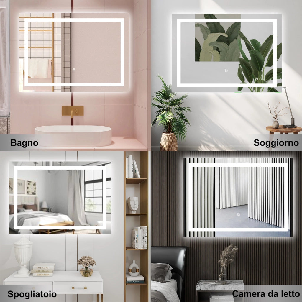 AICA Specchio da bagno  80 x 120 cm, dimmerabile, interruttore touch, Funzione Memoria, antiappannamento, 3 colori