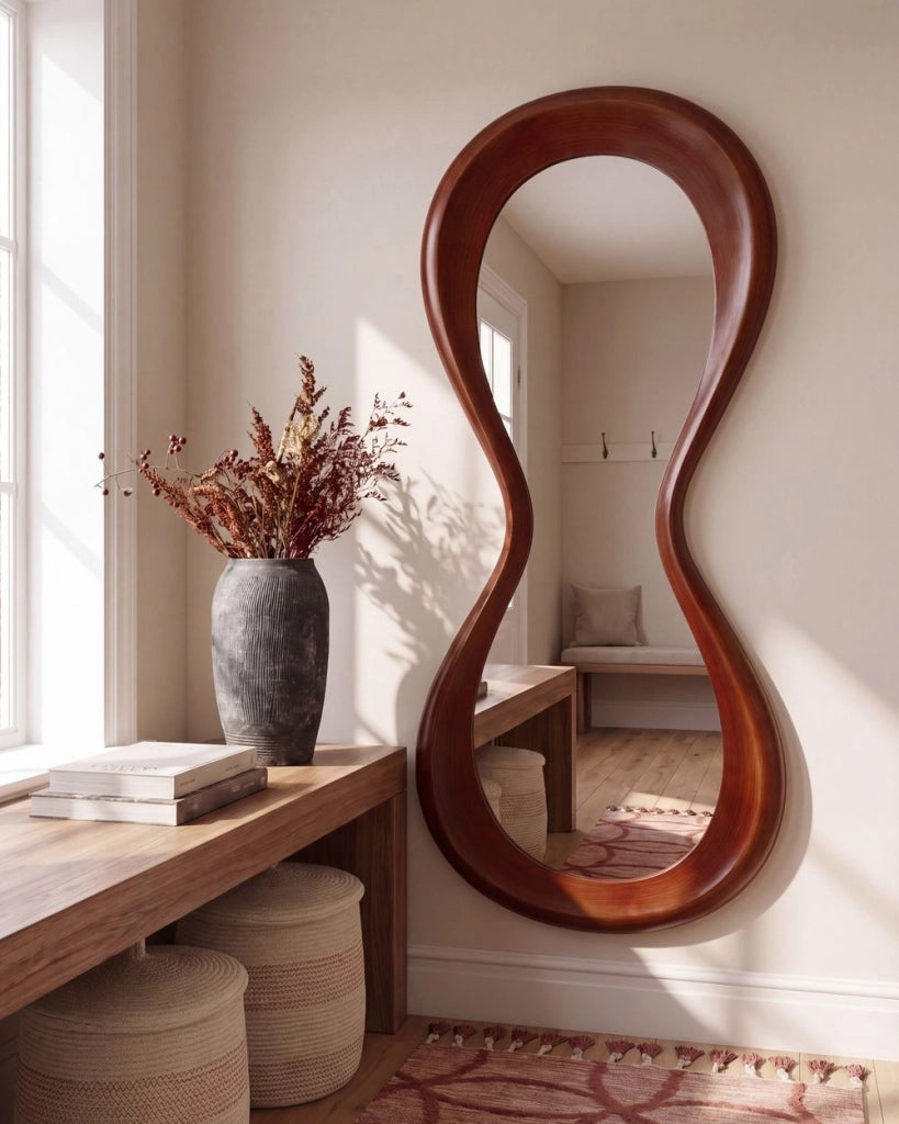 Specchio da parete marrone scuro con cornice in MDF forma irregolare stile scandinavo decorazione da parete