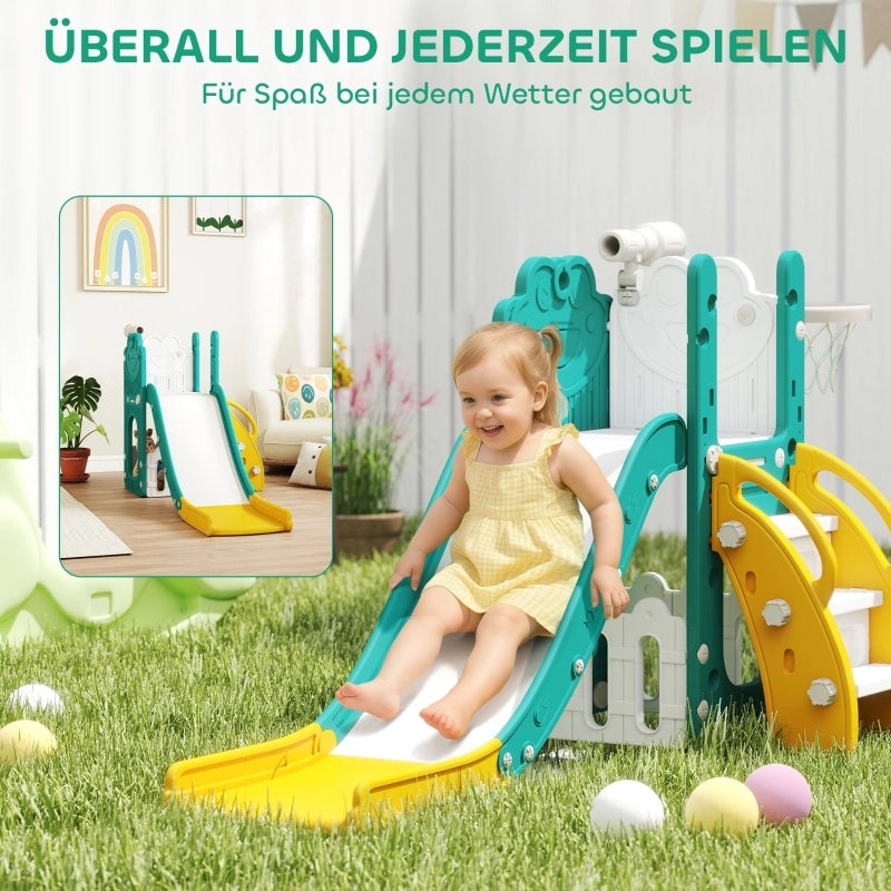 Set di scivoli 5 in 1 per bambini, telescopico, con canestro da basket, in plastica, giallo+verde