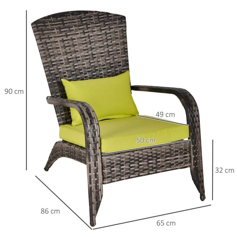 POLTRONA DA GIARDINO IN RATTAN CON BRACCIOLI E CUSCINI IMBOTTITI GRIGIA E VERDE