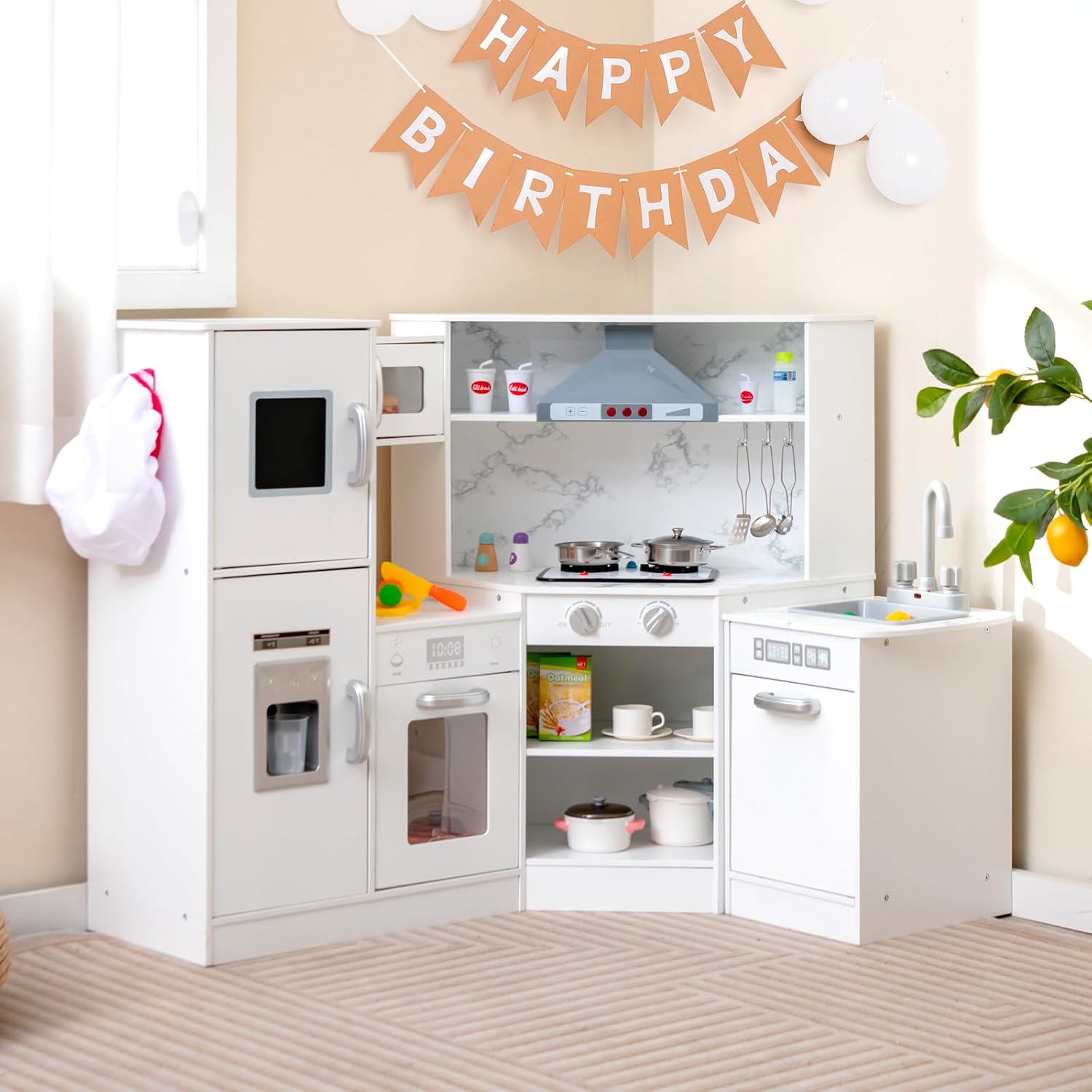 Set di Cucina Giocattolo per Bambini, con Suoni e Luci Divertenti, Lavabo, Forno a Microonde, Macchina del ghiaccio e Lavastoviglie, Lavagna, Ideale per Bambini 3 Anni+ (Bianco)