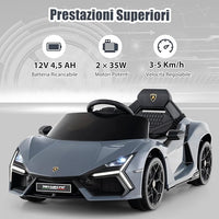 Lamborghini 12V Auto Elettrica per Bambini, Veicolo Elettrico Cavalcabile con Telecomando Luci LED Musica, 3-5 Km/h, per Bambini 37-95 Mesi (Grigio)