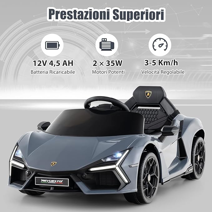 Lamborghini 12V Auto Elettrica per Bambini, Veicolo Elettrico Cavalcabile con Telecomando Luci LED Musica, 3-5 Km/h, per Bambini 37-95 Mesi (Grigio)
