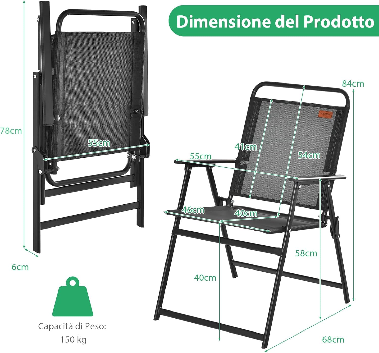 Sedie Pieghevoli da Esterno 4 Pezzi, Sedie da Giardino con Seduta Traspirante e Braccioli Accoglienti, Sedie con Telaio Robusto in Metallo da Giardino Terrazza Balcone Campeggio