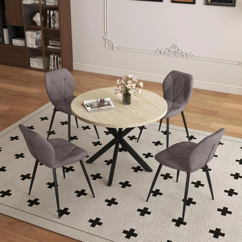 GrandCA HOME Set Tavolo e Sedie da Pranzo, Tavolo da Pranzo Rotondo da 100 CM e 4 Sedie Moderne in Lino, per Sala da Pranzo, Cucina, Soggiorno (Colore Marmo + Blu Lago)