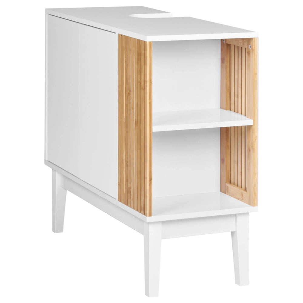 Mobile lavabo Bamboo MDF con gambe in legno di pino scaffali e spazio di archiviazione, arredamento per bagno bianco e legno chiaro