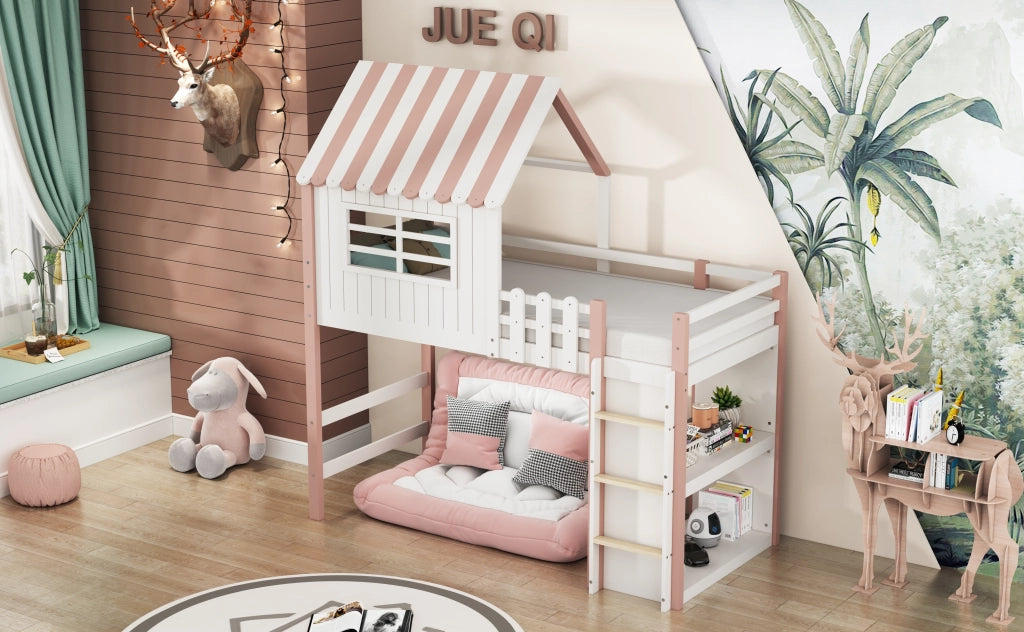 Letto a castello rosa in legno massello con funzione letto alto e basso 90x200 cm