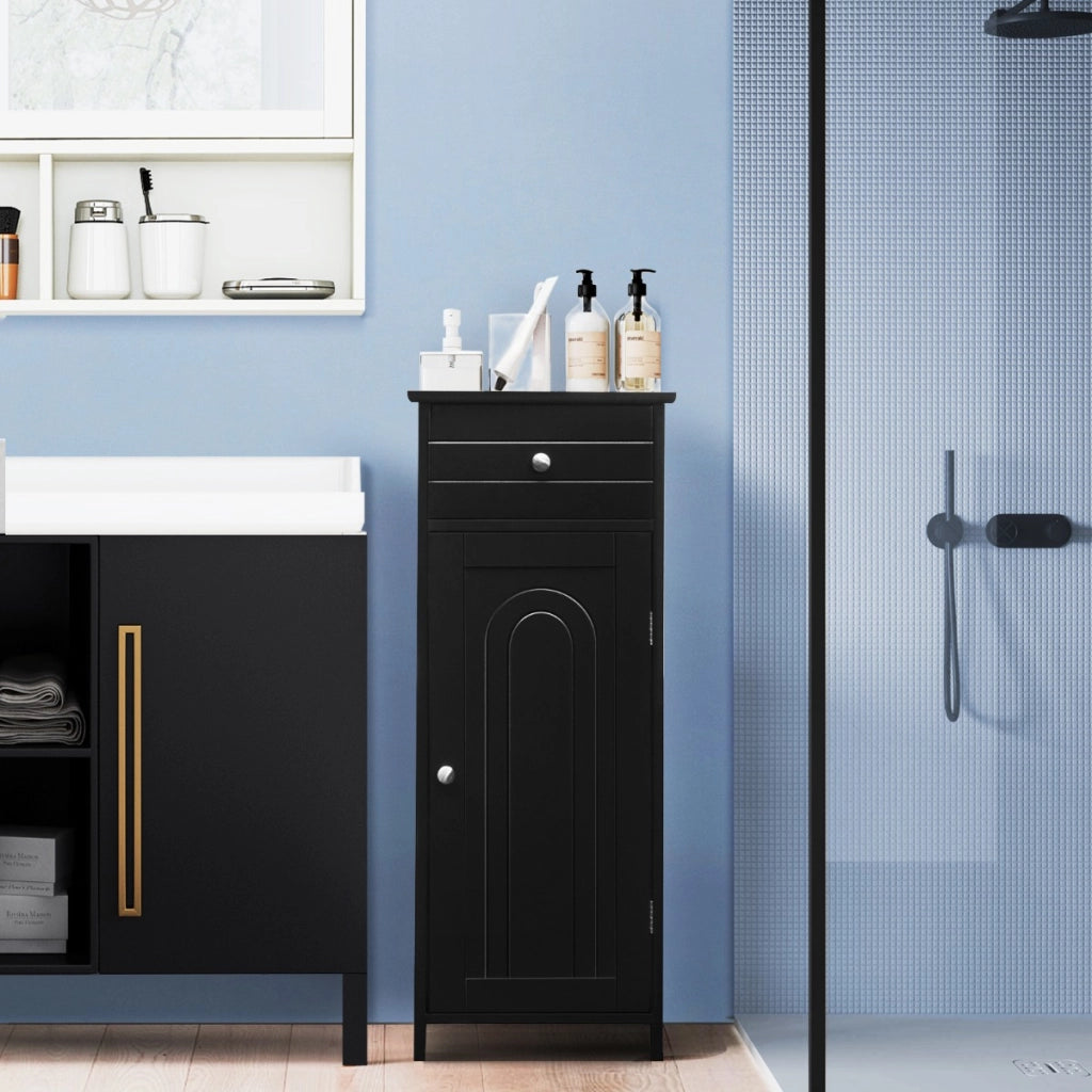 Armadio del bagno con anta singolae e 2 mensole regolabili, Organizer verticale per bagno e salone Nero
