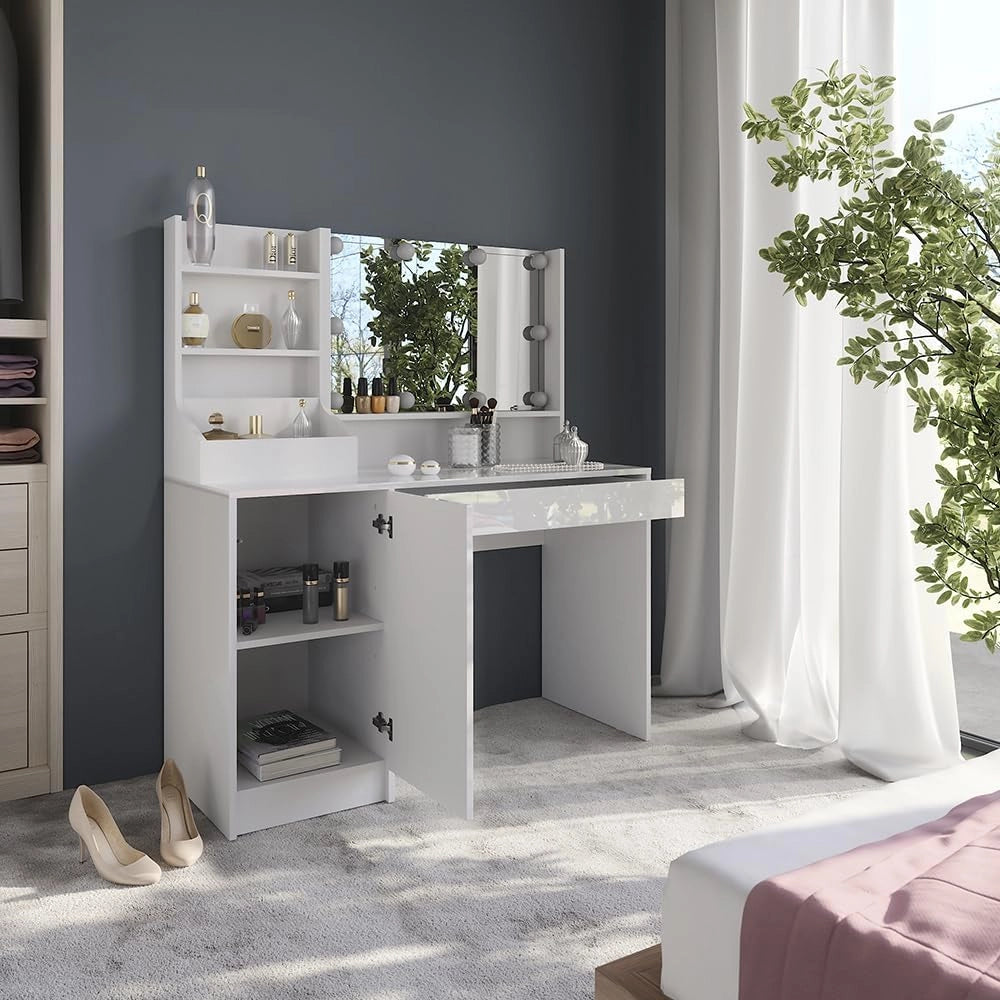 Tavolo da toeletta Sherry, Bianco/bianco lucido, 119.8 cm 4 parti