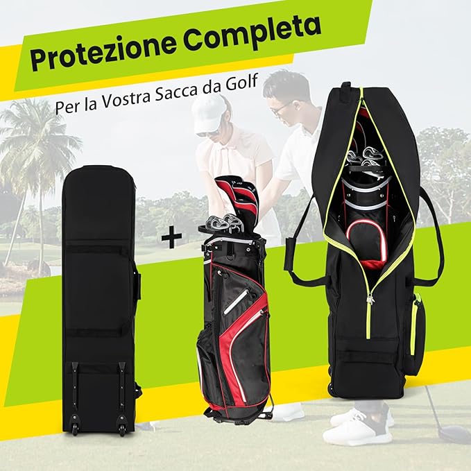 Borsa da Viaggio per Golf con Ruote Morbide, Custodia Resistente all'Usura e Impermeabile in Oxford con Tasca Extra, Zip e Chiave, Copertura Pieghevole per Mazze da Golf