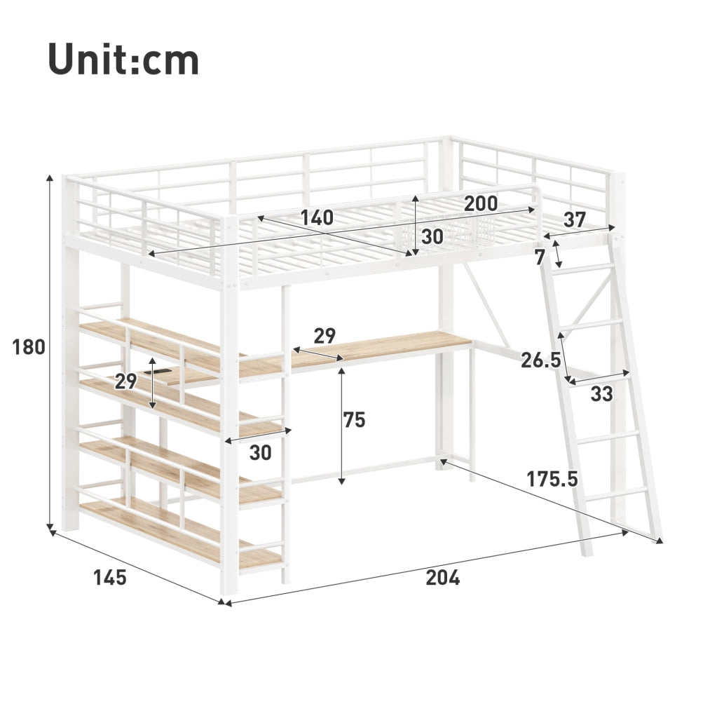 Letto a soppalco 140x200 cm con scrivania, LED, USB e ripiani bianco