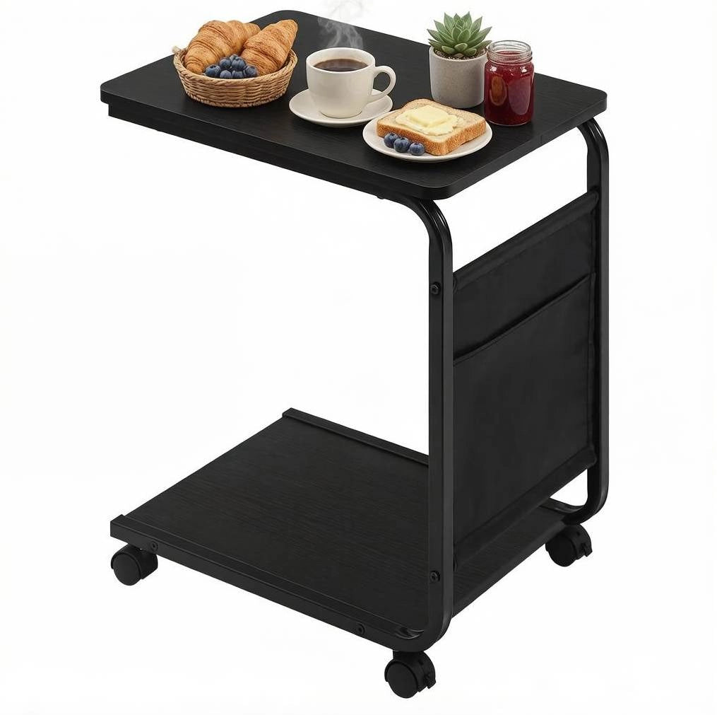Tavolino a C 50x35x62 cm in legno e metallo nero con ruote e vano contenitore