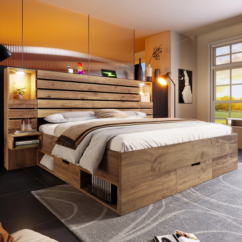DESMIU Letto Matrimoniale 180 × 200 cm con cassetti, LED regolabile e USB Type C, senza materasso, in rovere